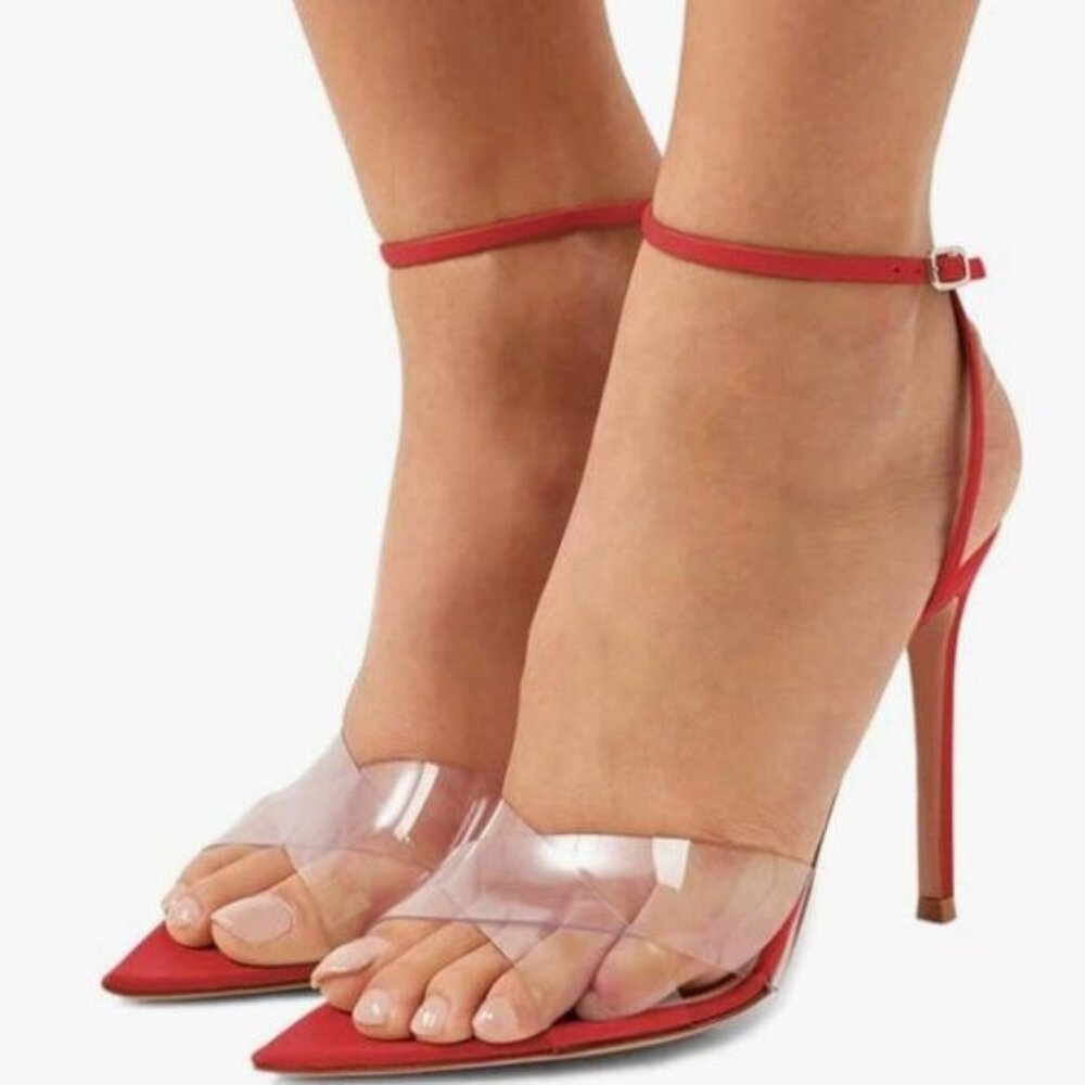 FSJ Women Clear Peep Toe Cross PVC Band Stiletto High Heel Ankle Strap Slingback